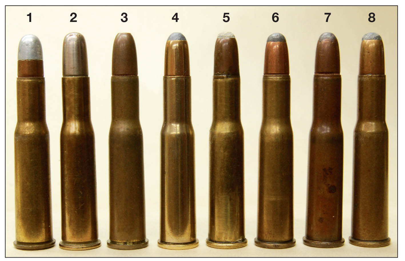 The .303 Savage was popular for years and was loaded with several 180- and 190-grain bullets. Shown are the (1) Winchester Silvertip, (2) Winchester Repeating Arms full metal jacket, (3) Remington-UMC full metal jacket, (4) Winchester Repeating Arms softpoint, (5) an unknown softpoint, (6) Savage Arms softpoint,  (7) Remington Core-Lokt and a (8) Western softpoint.